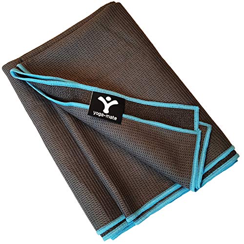 Product Cover Sticky Grip Yoga Towel - Best Non-Slip Towel for Hot Yoga - Anti-Slipping, Sweat Absorbent Microfiber Towels with Silicone Grip Bottom for Standard & XL Sized Mats (Grey w/Blue Trim)