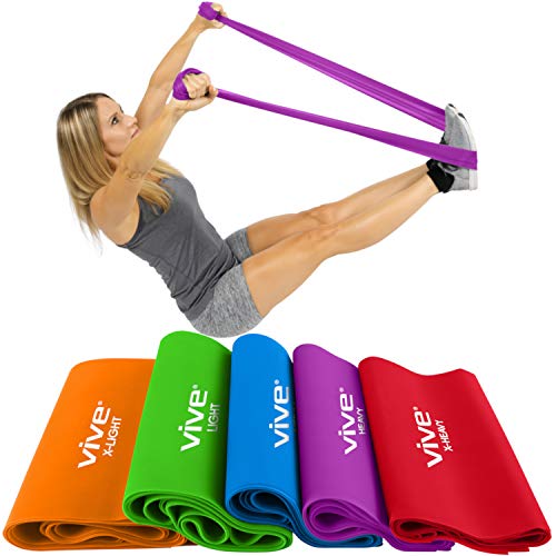 Product Cover Vive Flat Resistance Band (5 Piece Set) - Elastic Exercise Equipment - Straight Stretching Fitness Training for Full Body, Leg, Crossfit, PT, Yoga Stretch, Rehab Therapy - Home Gym for Men & Women