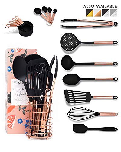 Product Cover Black and Copper Cooking Utensils with Stainless Steel Copper Utensil Holder - 16-Piece Set Includes Black and Copper Measuring Spoons, Black and Copper Measuring Cups