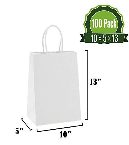 Product Cover 10 X 5 X 13 White Kraft Paper Gift Bags Bulk with Handles [100Pc]. Ideal for Shopping, Packaging, Retail, Party, Craft, Gifts, Wedding, Recycled, Business, Goody and Merchandise Bag