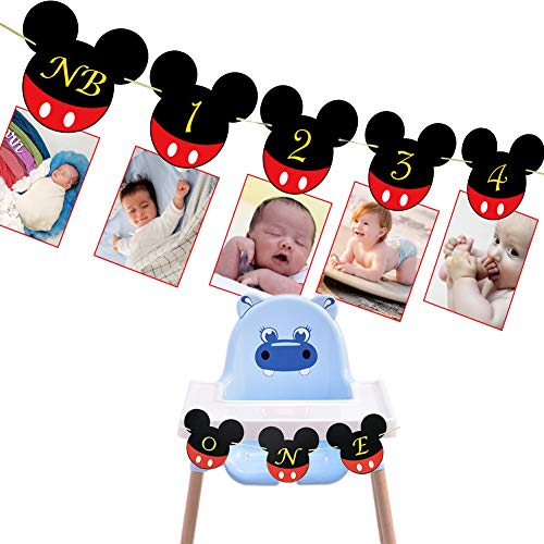 Product Cover Mickey Mouse Baby Photo Banner, First Year Monthly Photo Mickey Mouse Banner for Baby 1ST Birthday Party Decorations (Mickey Mouse Banner)