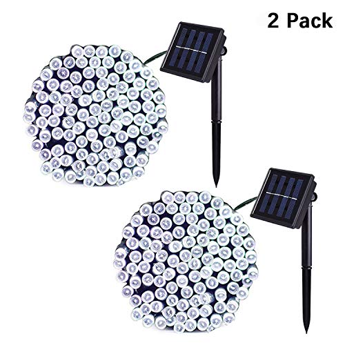 Product Cover Jiamao 2 Packs Solar String Light 100LED 42.7ft 8 Modes Solar Christmas Lights Waterproof Outdoor Fairy String Lights for Gardens, Homes, Wedding, Party, Christmas tree, Curtains (100LED 2Pack, White)