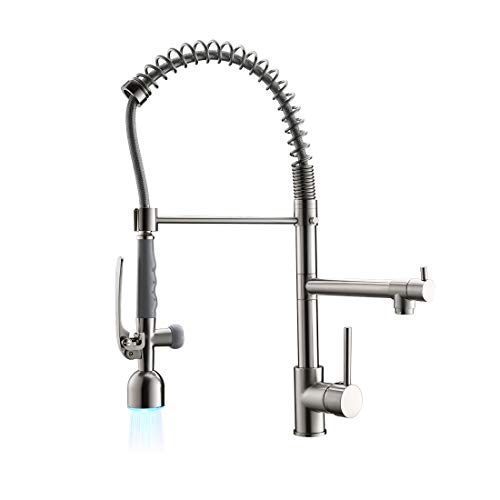 Product Cover Fapully Commercial Single Handle Pull Down Sprayer Brushed Nickel Kitchen Faucet, Kitchen Sink Faucet with LED Light