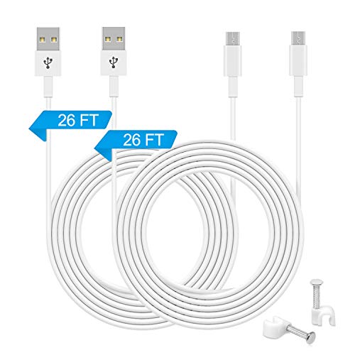 Product Cover 2 Pack 26FT Power Extension Cable Compatible with WyzeCam,Wyze Cam Pan,Yi Camera,NestCam Indoor,Netvue,Furbo Dog,Blink,Amazon Cloud Cam,USB to Micro USB Charging Cord for Security Cam with Wire Clips