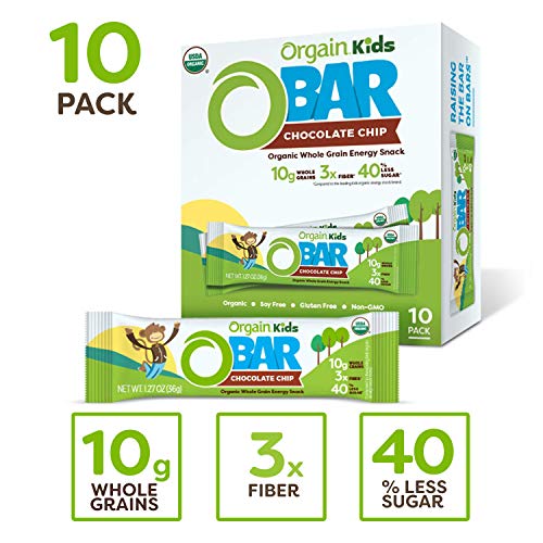 Product Cover Orgain Organic Kids Energy Bar, Chocolate Chip - Great for Snacks, Vegan, 7g Dietary Fiber, Dairy Free, Gluten Free, Lactose Free, Soy Free, Kosher, Non-GMO, 1.27 Ounce, 10 Count