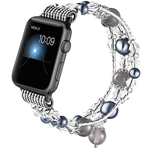 Product Cover Gaishi Band Compatible with Apple Watch 38mm 40mm, Women Girl Elastic Handmade Pearl Bracelet Replacement for 38mm Apple Watch Series 4 3 2 1, Black