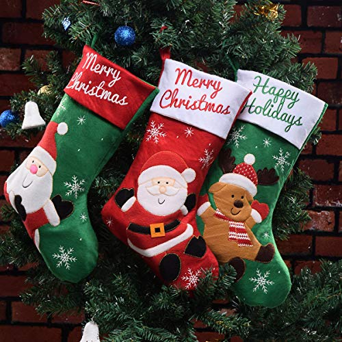 Product Cover Christmas Stockings Set of 3 PCS, 18'' Xmas Stockings Large Size with Cute Santa, Snowman, Reindeer for Hanging Christmas Decorations