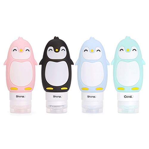 Product Cover AUTENS Leakproof Silicone Travel Bottles Accessories Set, 3oz (90ml) 4 Pack Refillable Cute Penguin Travel Containers for Shampoo, Conditioner, Liquid, Lotion, Sunscreen - FDA, TSA Approved & BPA Free