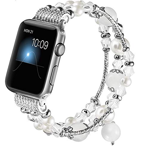 Product Cover Gaishi Band Compatible with Apple Watch 42mm 44mm, Women Girl Elastic Handmade Pearl Bracelet Replacement for 42mm Apple Watch Series 5 4 3 2 1,White