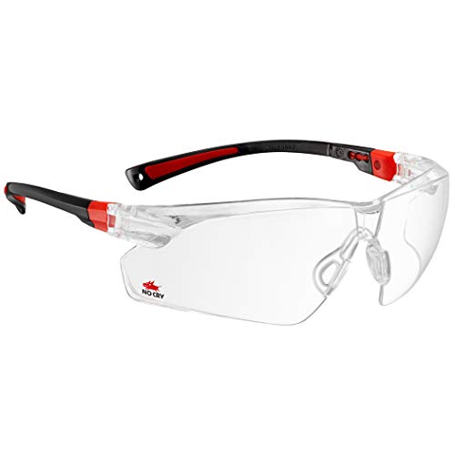 Product Cover NoCry Safety Glasses with Clear Anti Fog Scratch Resistant Wrap-Around Lenses and Non-Slip Grips, UV Protection. Adjustable, Black & Red Frames