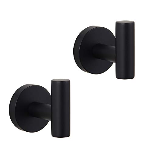 Product Cover Bathroom Matte Black Coat Hook SUS 304 Stainless Steel Single Towel/Robe Clothes Hook for Bath Kitchen Contemporary Hotel Style Wall Mounted 2 Pack