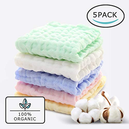 Product Cover Baby Muslin Washcloths(12x12 Inches,5 Colors)-100% Natural Cotton Baby Wipes-Super Soft Face Towel for Sensitive Skin-Baby Register Shower Gift!