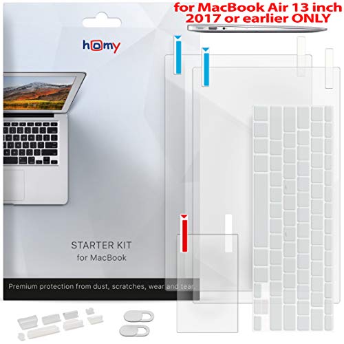 Product Cover Homy Full Protection Kit for MacBook Air 13 inch 2017 or Earlier: 2X Matte Screen Protector + Keyboard Skin Touch ID + 2X Anti-Spy Camera Slide Cover + Dust Plugs + Trackpad Cover, A1369 / A1466