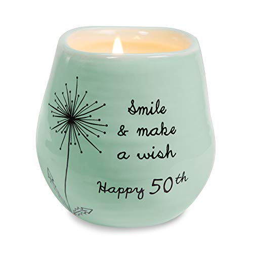 Product Cover Pavilion Gift Company Smile & Make A Wish Happy 50th Birthday - 8 oz Soy Wax Candle with Lead Free Wick in A Green Ceramic Vessel 8 oz-100 Scent: Serenity, 3.5 Inch Tall