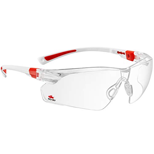 Product Cover NoCry Safety Glasses with Clear Anti Fog Scratch Resistant Wrap-Around Lenses and Non-Slip Grips, UV Protection. Adjustable, White & Red Frames
