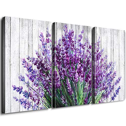 Product Cover Rustic Home Decor Lavender Flowers Wall Art Purple Floral Picture Painting Artwork Vintage Wood Background Canvas Prints Modern Still Life Photo Decoration Living Room Bathroom 12x16 Inch 3Panels