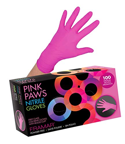 Product Cover Framar Pink Paws Nitrile Gloves, Powder Free, Latex Rubber Free, Disposable Gloves - Non Sterile, Food Safe, Medical Grade, Convenient Dispenser Pack of 100, (Extra Strength) (Medium)
