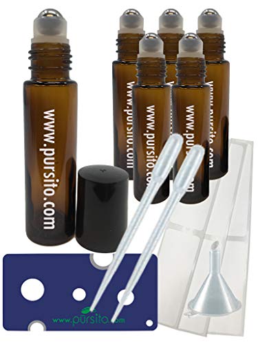 Product Cover Amber Glass Roller Bottles 10ml (Set of 6) Roll-On for Rolling Essential Oils or Perfume Bottle with Stainless Steel Rollers for Oil, Labels, Pipette and Key opener by Pursito