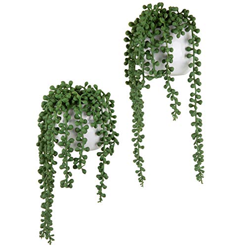Product Cover MyGift Artificial String of Pearls Plants in White Ceramic Wall-Hanging Planters, Set of 2