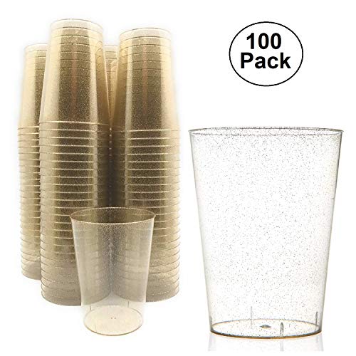 Product Cover 100 pc 10 Ounce Gold Glitter Disposable Plastic Cups 10 oz BPA-Free Durable Ideal for Home Office, or Business Wedding Bridal Shower Baby Shower Gold Glitter theme