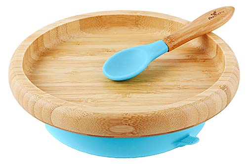 Product Cover Avanchy Baby Toddler Feeding Plates Suction Stay Put Not Divided Classic Bamboo Plate + Baby Spoon - Great Baby Gift Set (Blue)