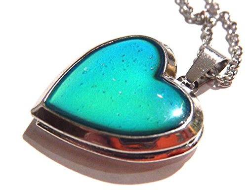 Product Cover Glitter Heart Locket Mood Pendant on Silvertone Chain Necklace Color-Changing thermochromic