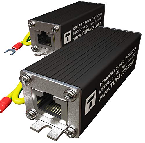 Product Cover Ethernet Surge Protector (2 Pack) PoE+ Gigabit - Gas Discharge Tube for Full Protection -Mounting Flange- RJ45 Lightning Suppressor- LAN Network CAT5/CAT6 Thunder Arrestor GbE 1000 Mbps- Tupavco TP302