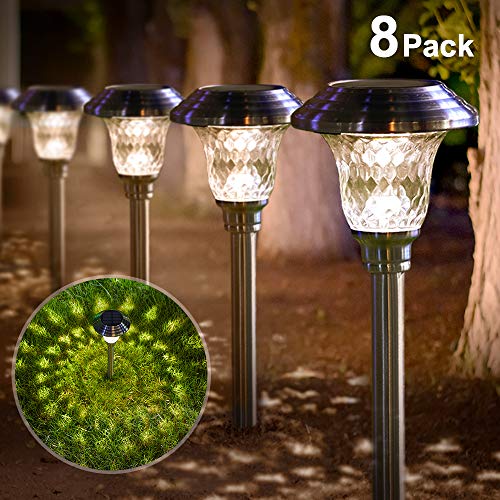 Product Cover Solar Lights Bright Pathway Outdoor Garden Stake Glass Stainless Steel Waterproof Auto On/off White Wireless Sun Powered Landscape Lighting for Yard Patio Walkway Landscape In-Ground Spike Pathway