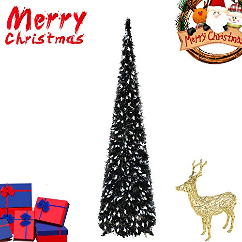 Product Cover YuQi 5FT Pop Up Tinsel Christmas Slim Black Trees W/Shiny Ghost, Collapsible Artificial Pencil Halloween Xmas Tree with Plastic Stand for Fireplace & Office & Classroom, Unique Party Decor