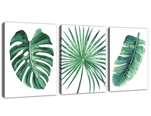 Product Cover Green Leaf Wall Art Tropical Plants Simple Life Picture Artwork, 3 Pieces Contemporary Canvas Art Minimalist Watercolor Painting of Monstera Palm Banana Wall Decor for Bathroom Living Room Bedroom