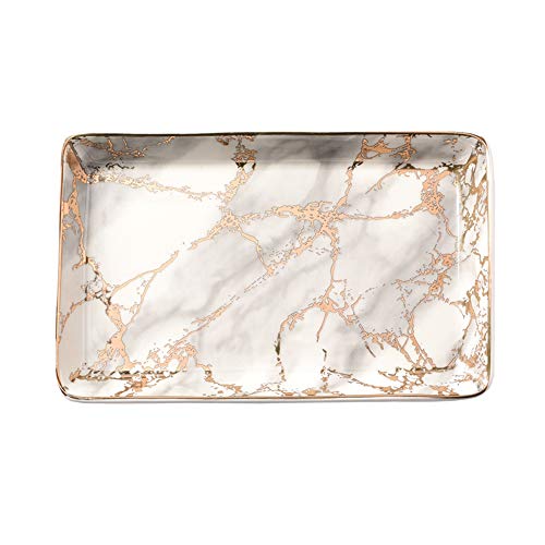 Product Cover Large Golden Striped Marble Plate - Ceramic Jewelry Tray, Ring Holder, Bracelets Plate, Dessert Dish - Perfect for Holding Small Jewelries, Rings, Necklaces, Earrings, Bracelets, Cosmetics, etc.