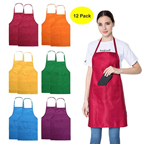 Product Cover Hi loyaya Total 12 Pack Plain Color Bib Apron with 2 Pockets Painting Event Party BBQ Cooking Kitchen Aprons Bulk for Women Men Adults Chef