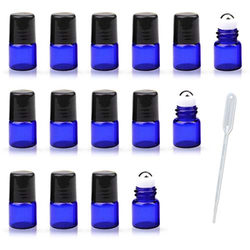 Product Cover Essential Oil Roller Bottles 1ml 1/4 Dram 2ml 5/8 Dram (Cobalt Blue, Pack of 24) - Stainless Steel Roller, Opener Pipette Included - Glass Roller Bottles for Essential Oils (1ML Blue Bottle)