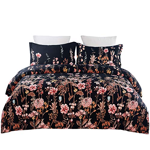 Product Cover YEPINS Soft Microfiber Duvet Cover Set with Zipper Closure, Print Floral Pattern Design, Black and Pink Color- Queen Size (90X90 Inch)- 3 Piece (1 Duvet Cover and 2 Pillow Shams)