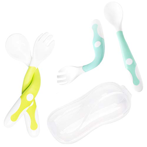 Product Cover Qshare Baby Utensils Spoons with Travel Safe Case, Toddlers Feeding Training Spoon with Easy Grip and Bendable Function, Perfect Self Feeding Learning Spoons, Set of 4