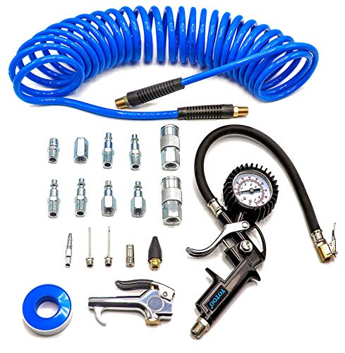 Product Cover YOTOO Heavy Duty Air Compressor Accessories Kit 19 Pieces with 1/4 inch x 25 feet Polyurethane Air Compressor Hose, 100 PSI Tire Inflator Gauge, Air Blow Gun and Air Hose Fittings