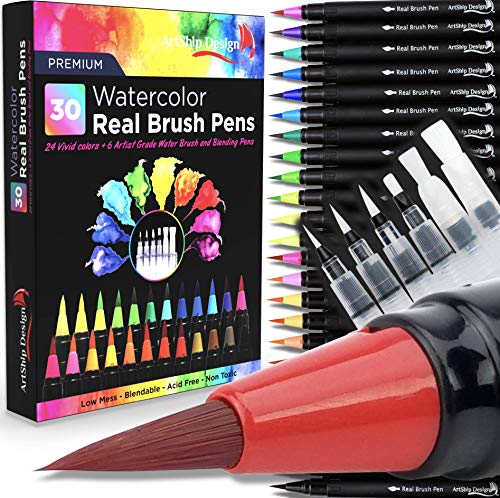 Product Cover 30 Watercolor Brush Pens Combo Pack, 24 Colors 6 Water Brushes, Flexible Real Nylon Brush Tips, for Watercolor Painting Calligraphy Coloring, Beginner or Artist, Portable, Low Mess