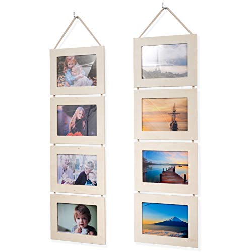Product Cover Wallniture Wood Photo Collage Picture Frame Natural No Finish Total 8 Opening for 4x6 Inch Photos Wall Mountable Ready to Hang Vertical Gallery Décor