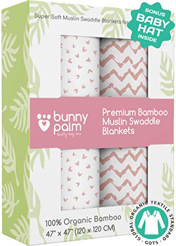 Product Cover Muslin Swaddle Blankets - Organic Bamboo Set of 2 Baby Blanket - Large Nursery Swaddle Wrap in Pink Hearts and Chevrons - Receiving Blankets for Newborn Girl