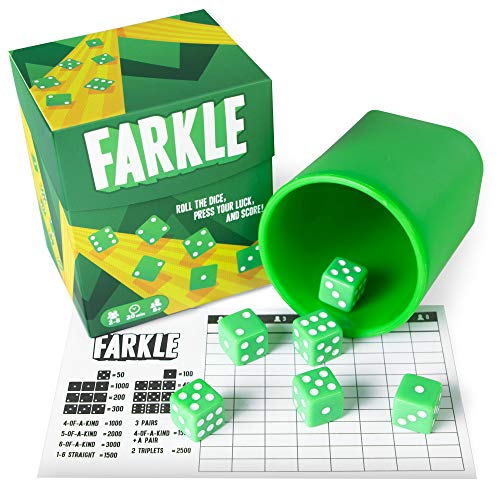 Product Cover Brybelly Farkle: The Classic Family Dice Game | Set Includes Dice Cup, Set of 6 Green Dice, 25 Scorecards, and Storage Box
