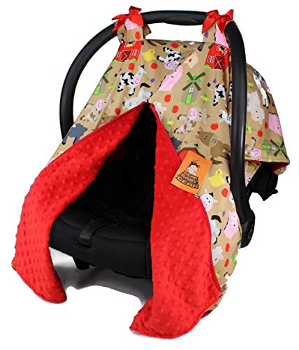 Product Cover Dear Baby Gear Baby Car Seat Canopy, Tan Farm Life Animals and Barns, Red Minky