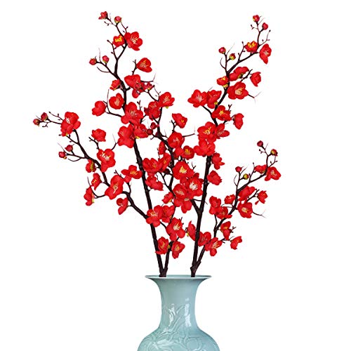 Product Cover Sunm boutique 2 Pack Plum Blossom Artificial Flowers Simulation Flower Table Decoration Accessories Party Beach Theme Decorations (Red, Pack of 2)