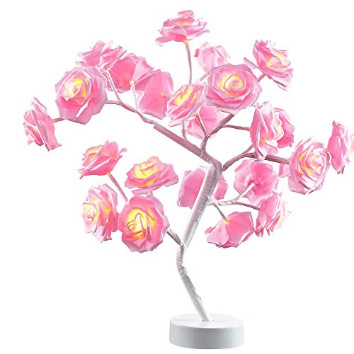 Product Cover Table Lamp Rose Flower Desk Tree Lamp Gift For Girls Women Teens Home Décor For Wedding Christmas Living Room Bedroom Party with 24 Warm White LED Lights |Two Modes: USB/Battery Powered(White)