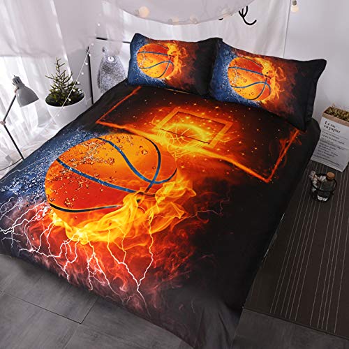 Product Cover BlessLiving Basketball Bedding for Boys or Girls, 3D Shooting a Basketball, Red Flames and Blue Water, 3 Piece Sports Duvet Cover (Twin)