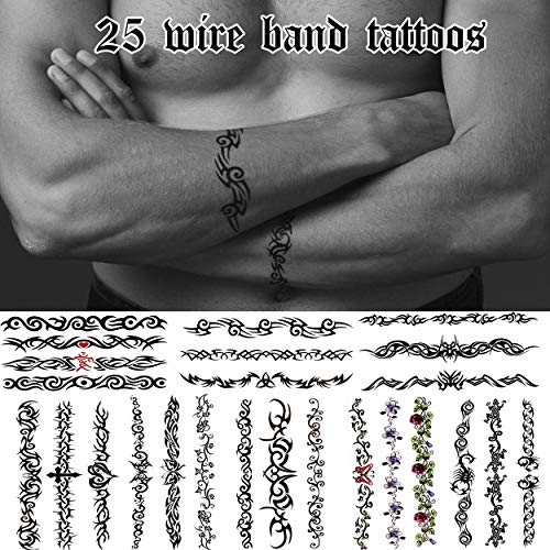 Product Cover 25 Cool Temporary Tattoos Assorted Arm Band and Leg Band Wire Styles - For Adults and Teens - Great on Wrists, Ankles, Arms and Lower Legs
