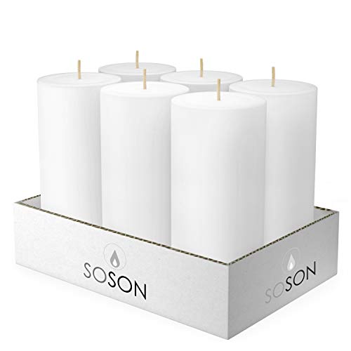 Product Cover Simply Soson 3 x 6 Inch White Unscented Pillar Candle Bulk Set - Dripless, Scent Free Paraffin Wax Candle Pillars - Medium Size Wedding or Home No Drip Candles - 6 Pack
