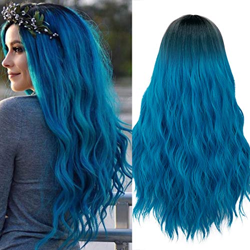 Product Cover Mildiso Long Blue Wigs for Women Ombre Color Wavy Hair Wig Natural Looking Perfect for Daily Party Cosply 052B