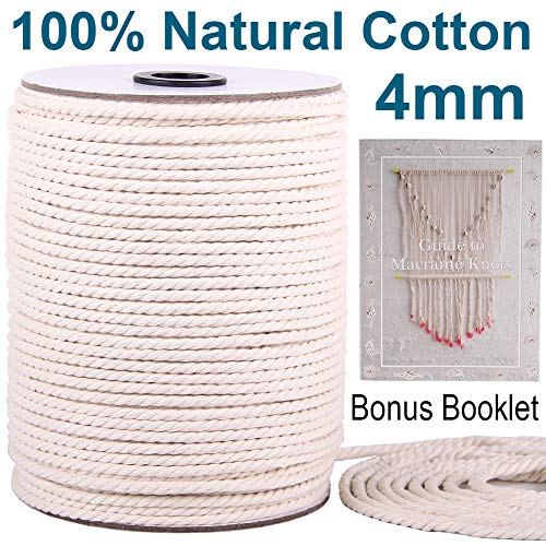 Product Cover XKDOUS Macrame Cord 4mm x 150Yards, Natural Cotton Macrame Rope, 3 Strand Twisted Cotton Cord for Wall Hanging, Plant Hangers, Crafts, Knitting, Decorative Projects, Soft Undyed Cotton Rope