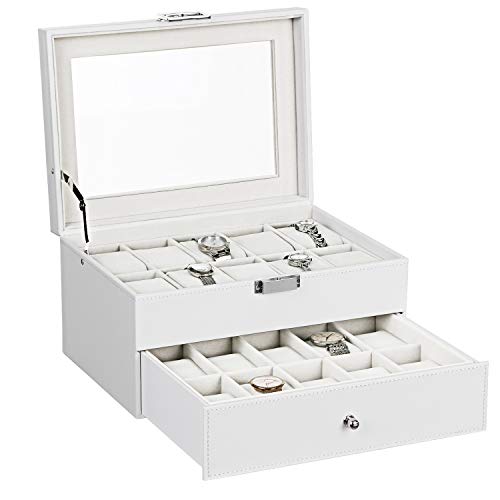 Product Cover BEWISHOME Watch Box Organizer 20 Men Women Watch Case Display Storage Holder Metal Hinge White PU Leather Glass Top Large Holder, White SSH04W