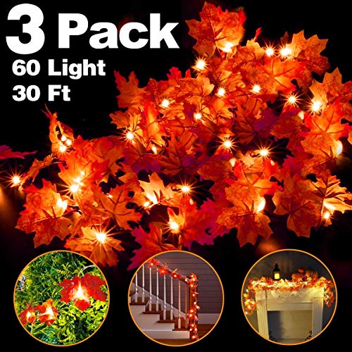 Product Cover Camlinbo 3 Pack Thanksgiving Decorations Thanksgiving Decor Pumpkin Decoration Thanksgiving Lights, 30Ft/60 LED Lighted Garland Battery Garland Home Indoor Outdoor Decor Thanksgiving Decoration